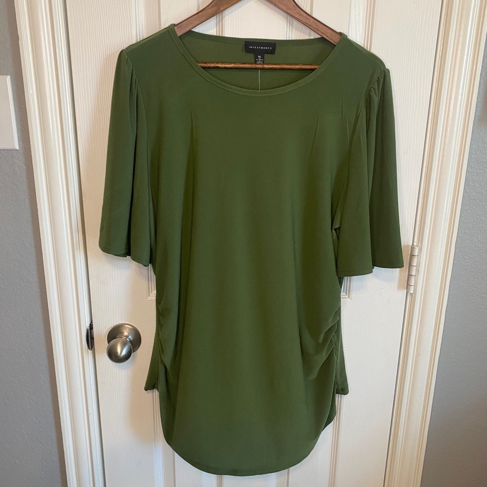 Investments Olive Green Flutter Sleeve Ruched Side Blouse XL NEW Minimalist